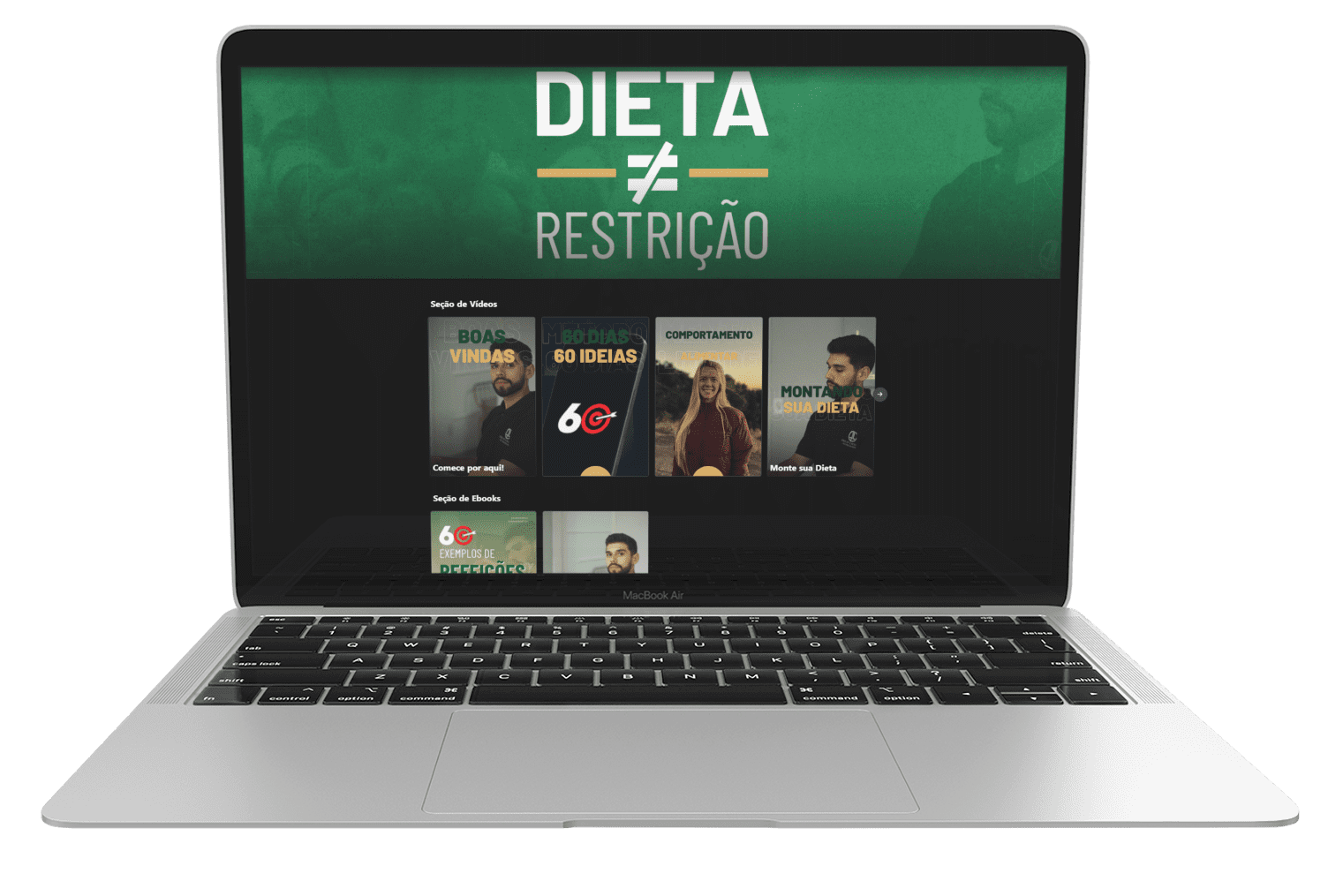 Mockup de um macbook exibindo a tela inicial da comunidade Dieta Sem Restrição, do nutricionista Lucas Lacerda